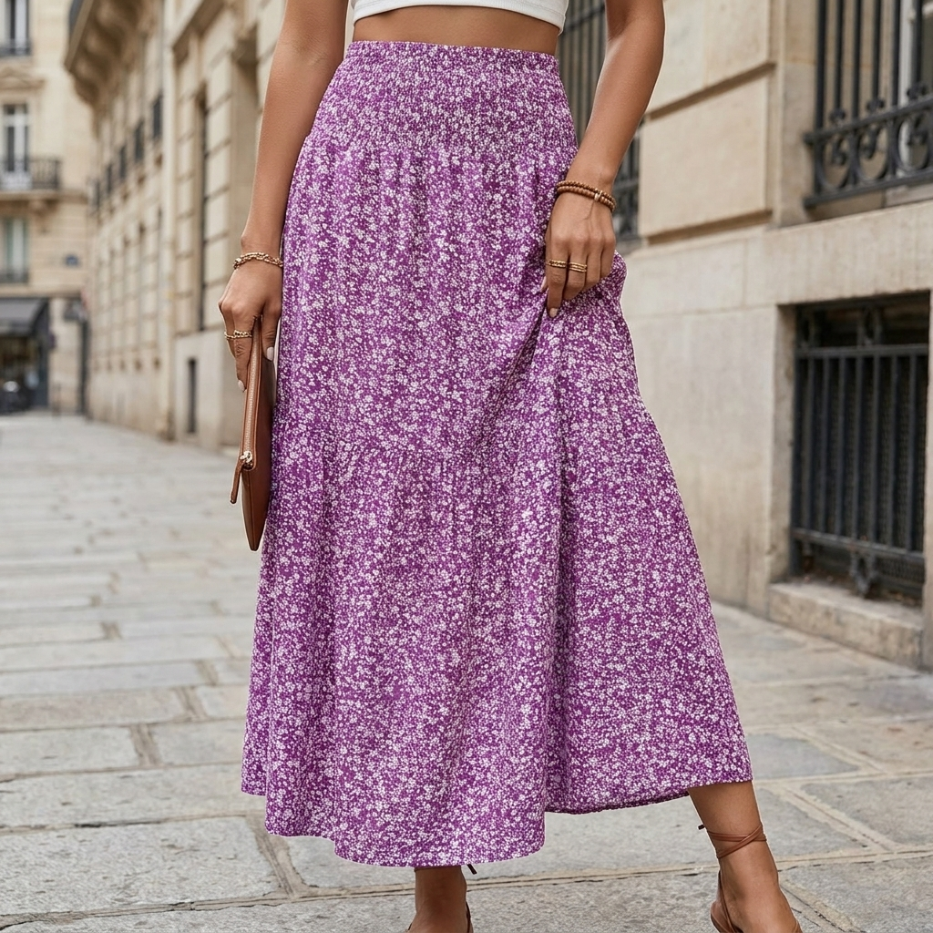 Astrid | Midi Nederdel med Blomsterprint og Elastisk Talje