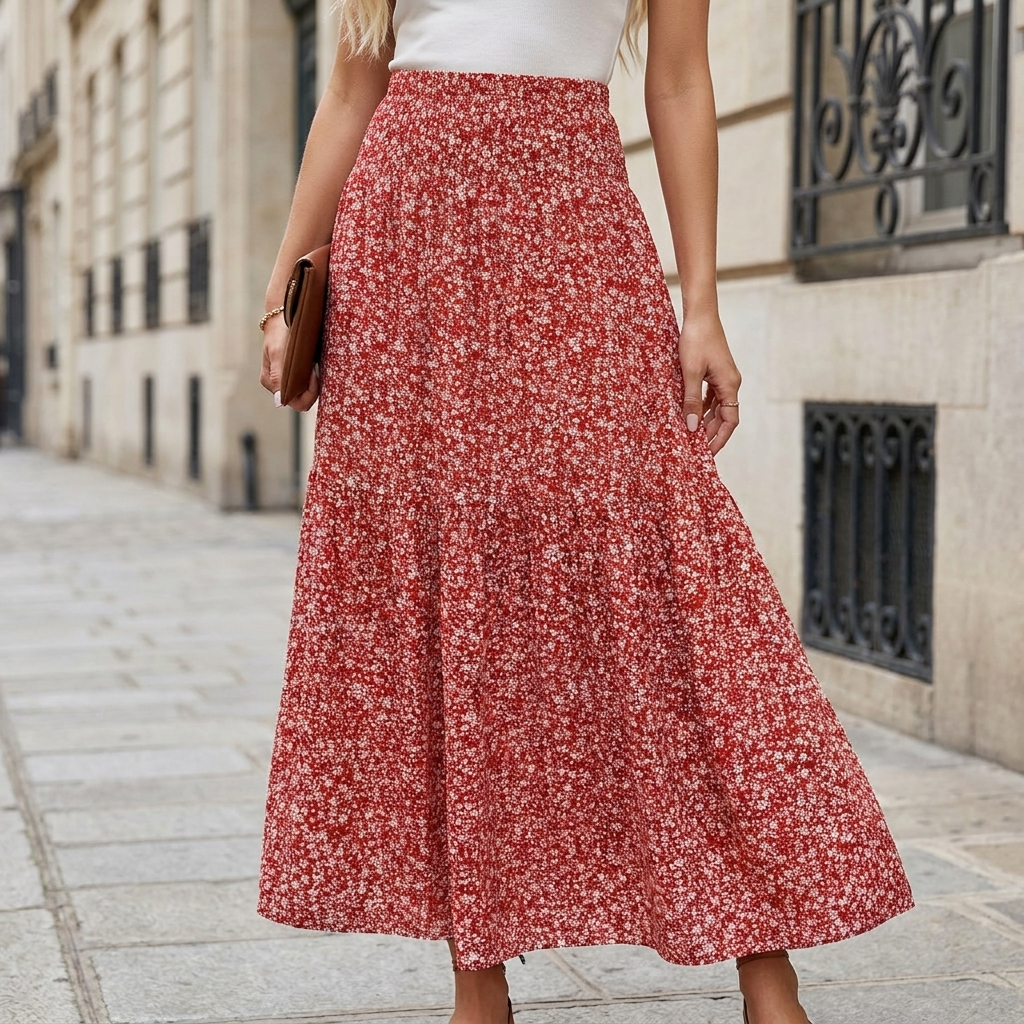 Astrid | Midi Nederdel med Blomsterprint og Elastisk Talje