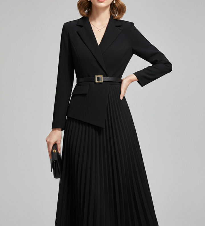 Robe blazer femme midi plissée avec ceinture