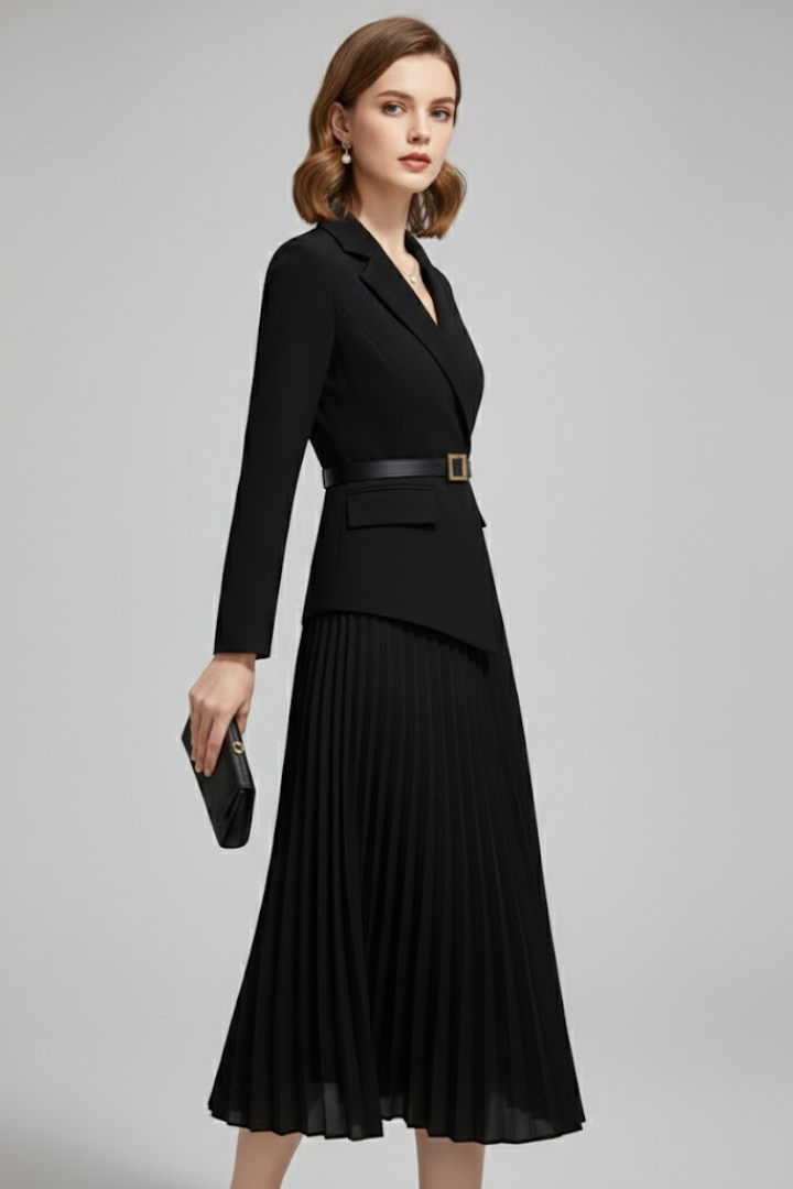 Robe blazer femme midi plissée avec ceinture