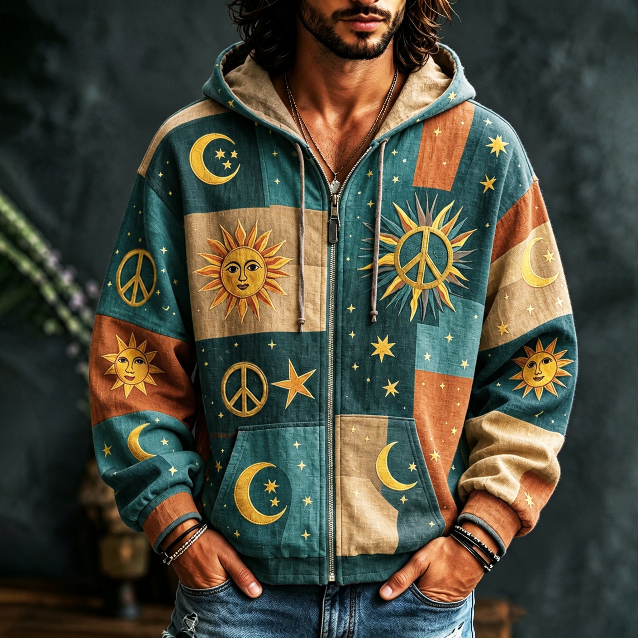 Herre hættetrøje med lynlås og farverigt patchwork med sol, måner, stjerner og fredssymboler
