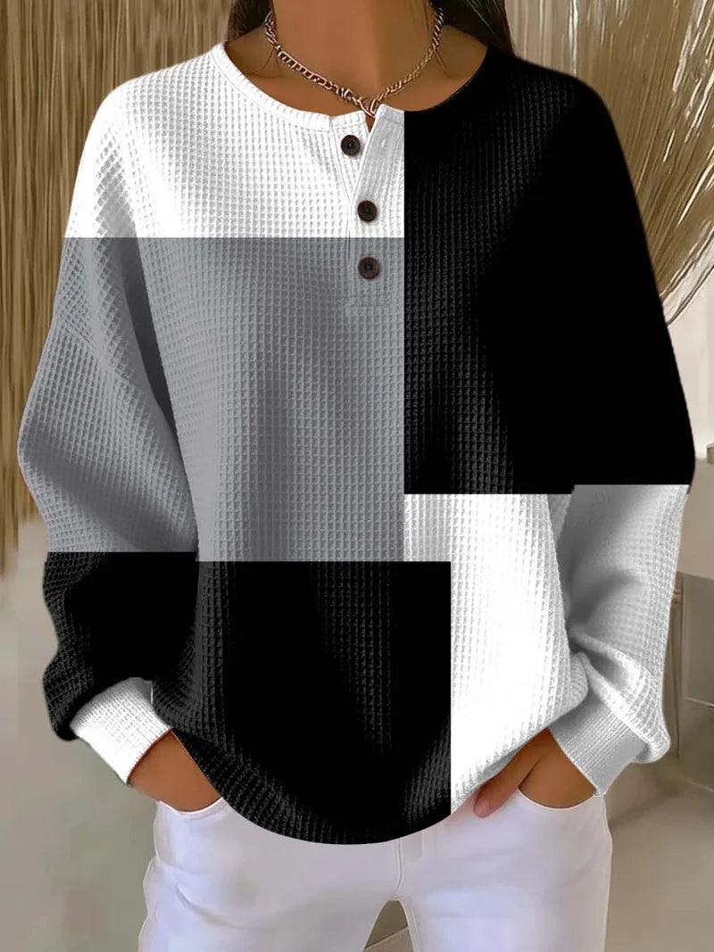 Dame sweatshirt med geometriske felter, rund hals og lange ærmer