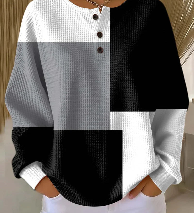 Dame sweatshirt med geometriske felter, rund hals og lange ærmer