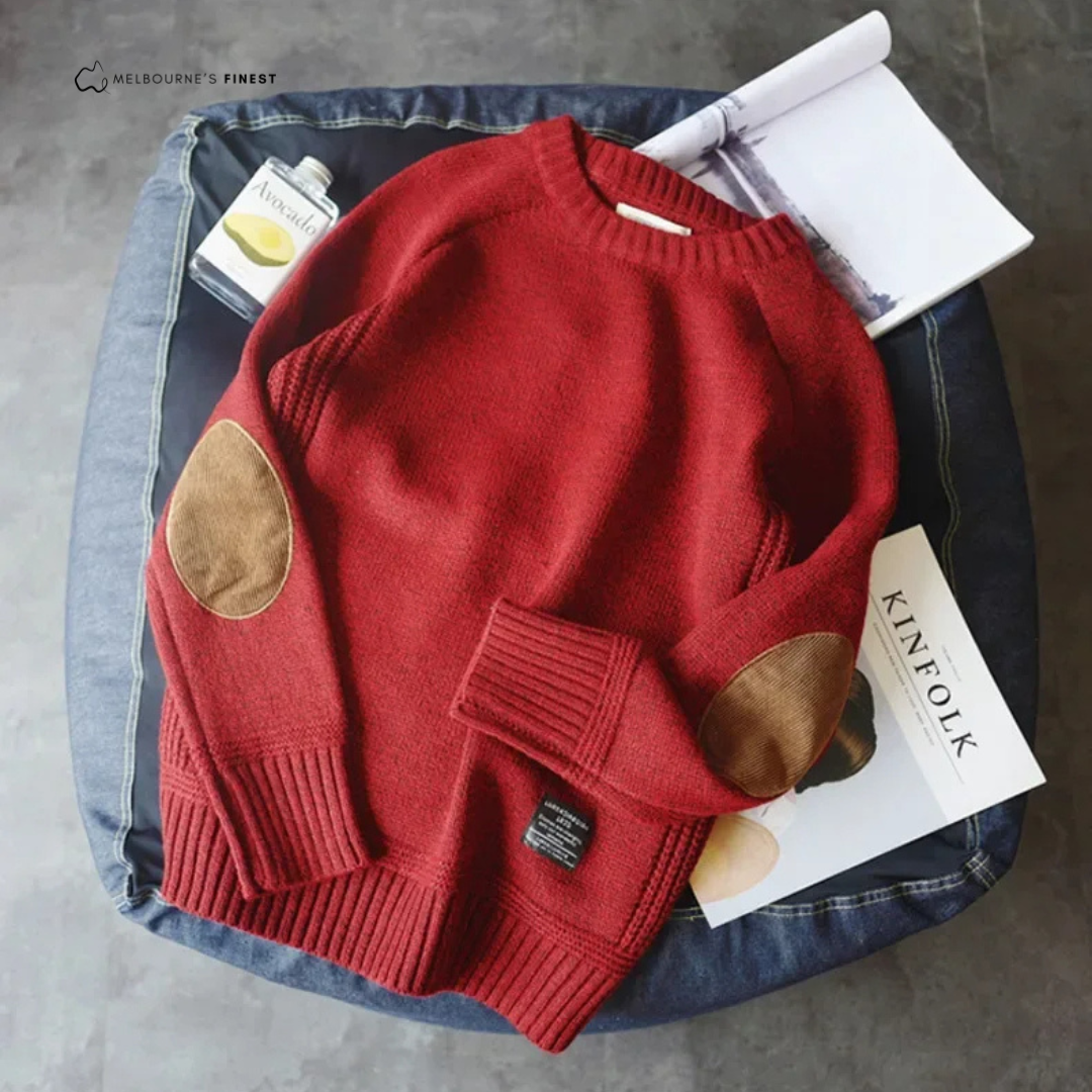 Herre pullover med rund hals, lange ærmer, ribkanter og albuelapper