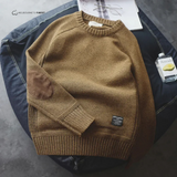 Herre pullover med rund hals, lange ærmer, ribkanter og albuelapper