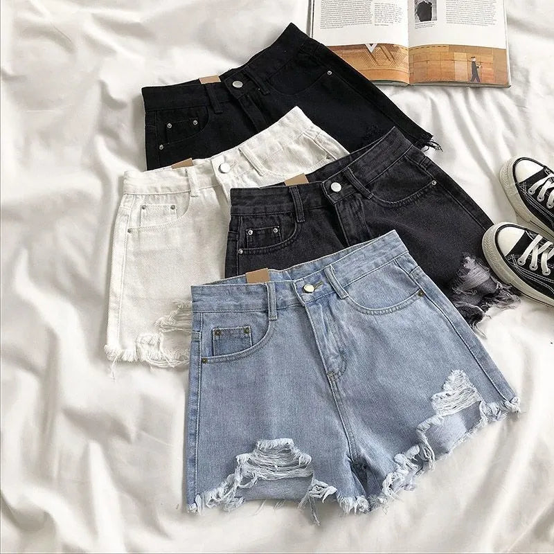Nora Dame Denim Shorts – Høj Talje Revne Shorts Frynse Y2K Streetwear Stil