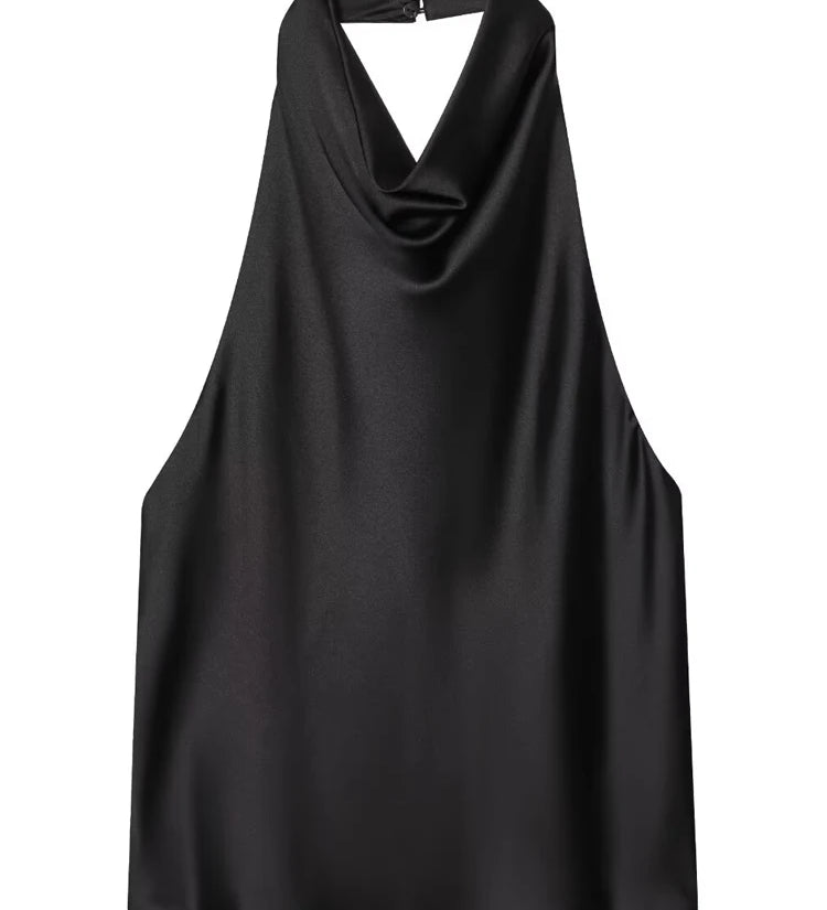 Satin Halterneck Top med Korsetdetalje – Åben Ryg Sommerbluse