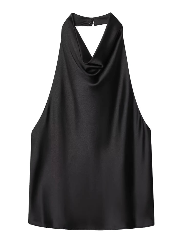 Satin Halterneck Top med Korsetdetalje – Åben Ryg Sommerbluse
