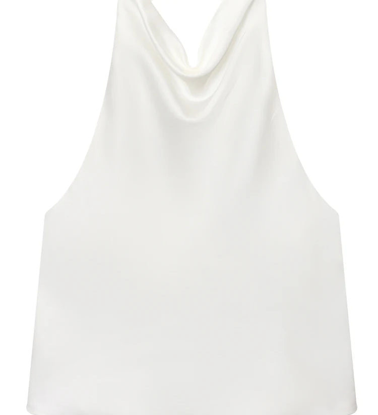 Satin Halterneck Top med Korsetdetalje – Åben Ryg Sommerbluse