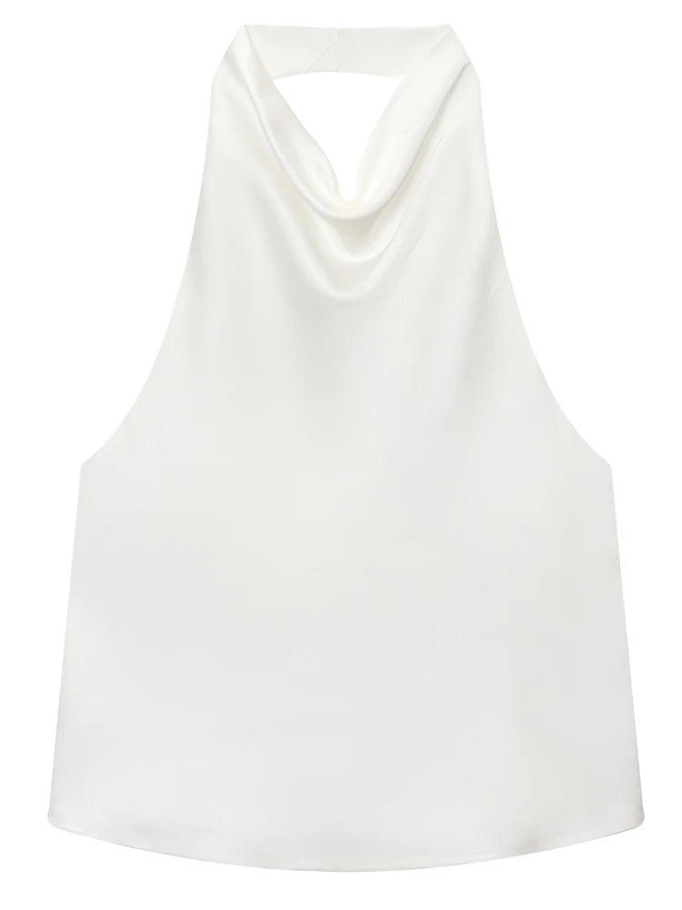 Satin Halterneck Top med Korsetdetalje – Åben Ryg Sommerbluse