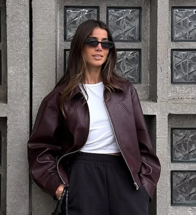 Bordeaux Cropped Biker Jakke med Krave og Lynlås