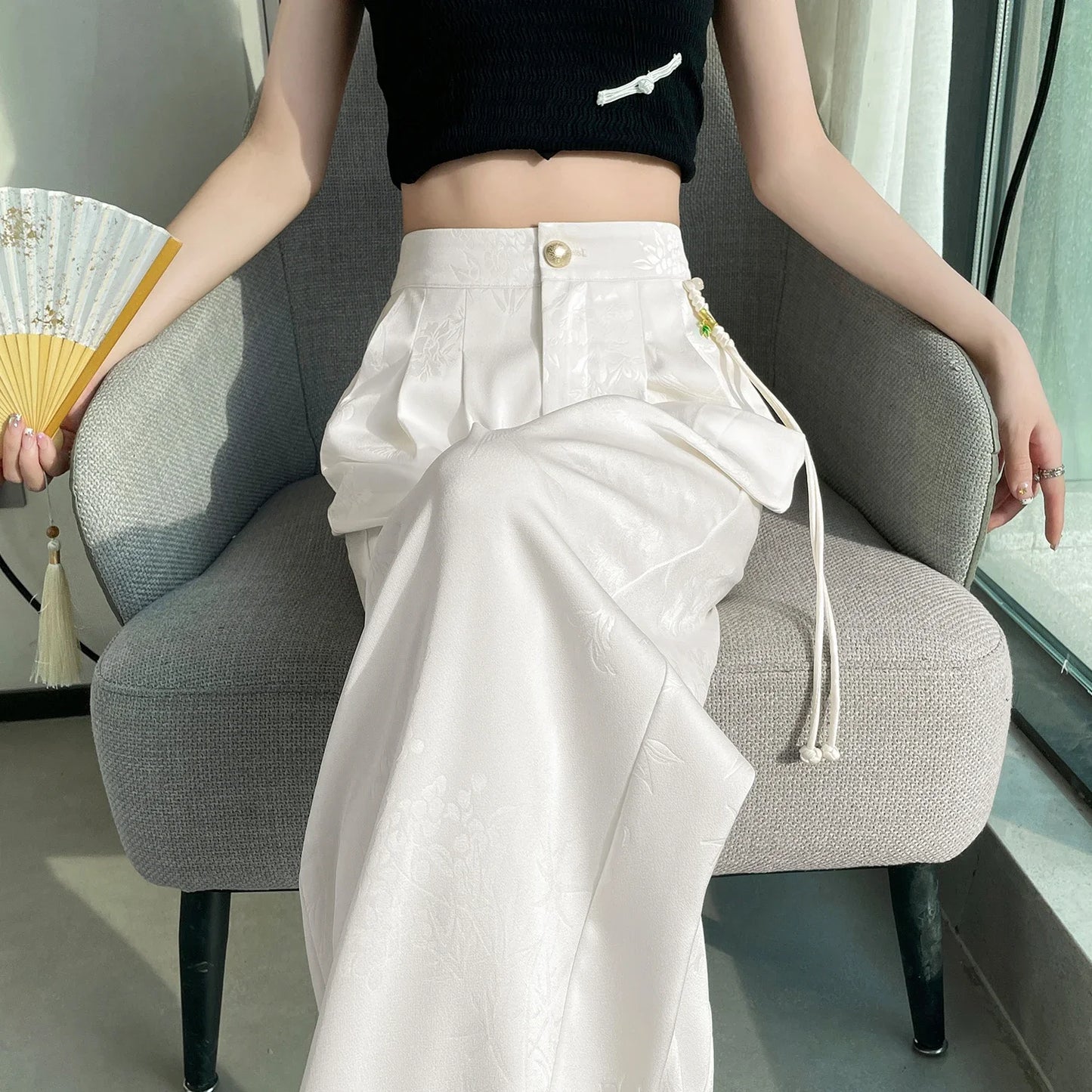Lin | Kvinders Jacquard Satin Bukser med Brede Ben i Asiatisk Stil