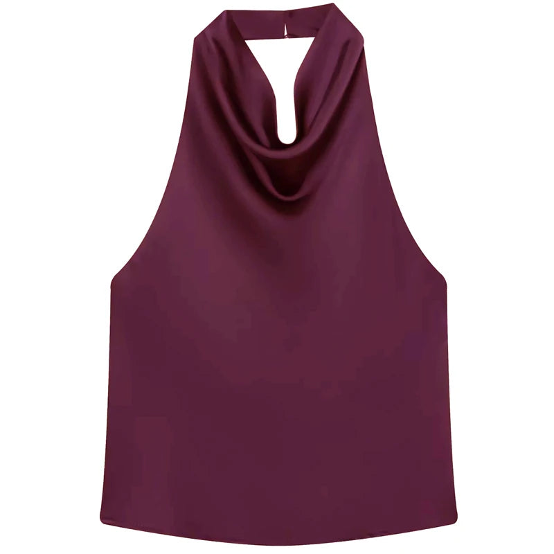 Satin Halterneck Top med Korsetdetalje – Åben Ryg Sommerbluse
