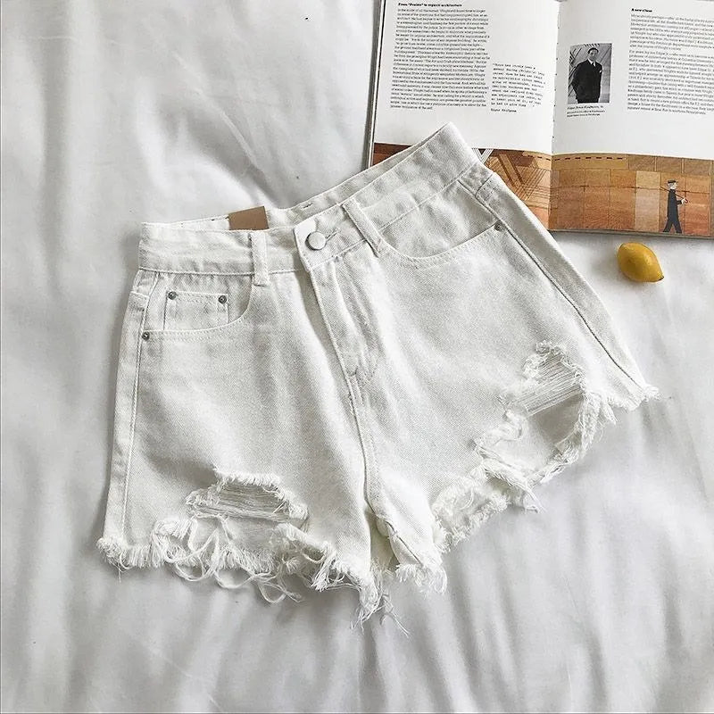Nora Dame Denim Shorts – Høj Talje Revne Shorts Frynse Y2K Streetwear Stil
