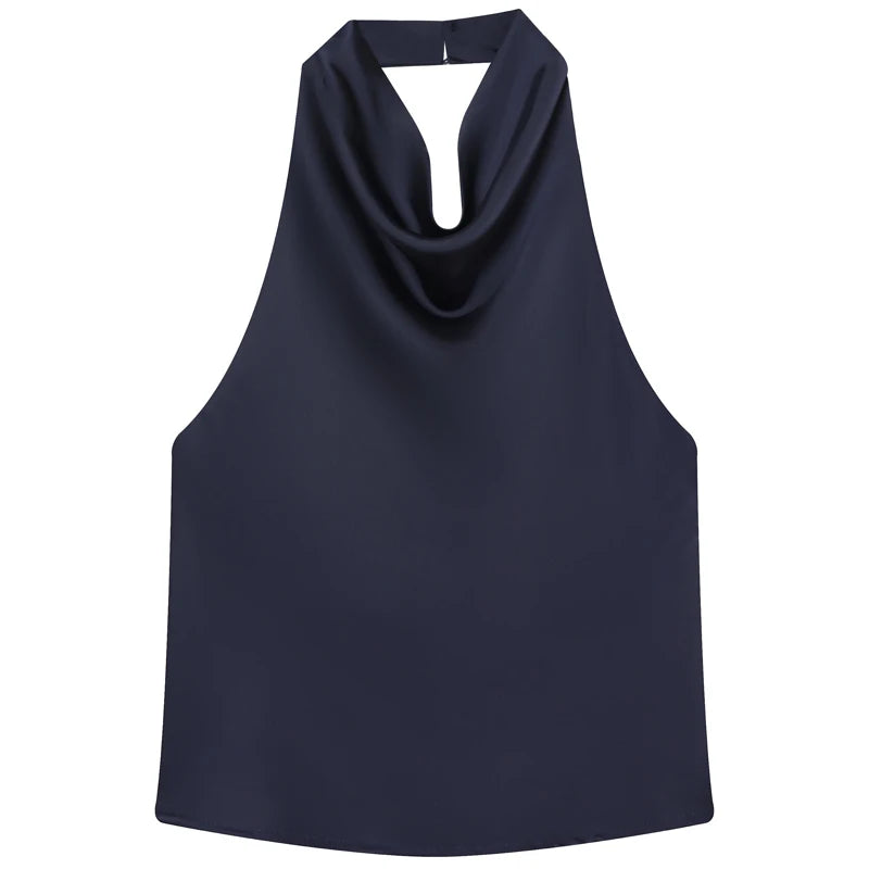 Satin Halterneck Top med Korsetdetalje – Åben Ryg Sommerbluse