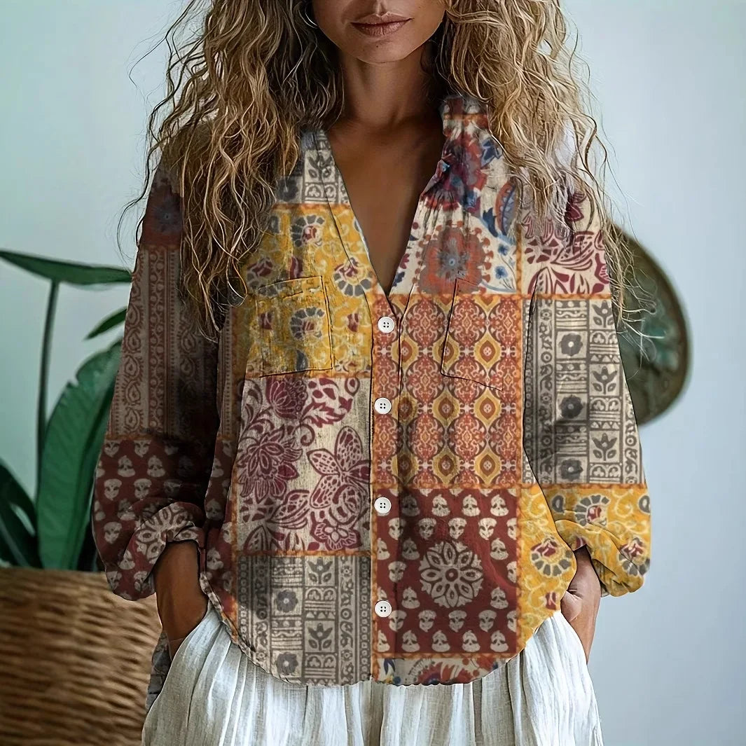 Kvinders Bluse | Naturprint Split V-Hals