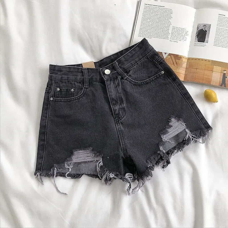 Nora Dame Denim Shorts – Høj Talje Revne Shorts Frynse Y2K Streetwear Stil