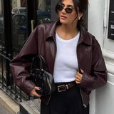 Bordeaux Cropped Biker Jakke med Krave og Lynlås