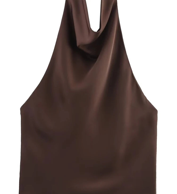 Satin Halterneck Top med Korsetdetalje – Åben Ryg Sommerbluse