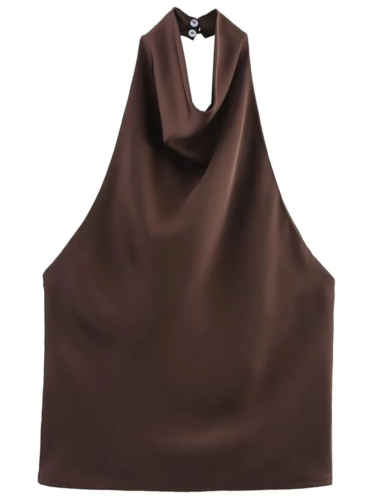 Satin Halterneck Top med Korsetdetalje – Åben Ryg Sommerbluse