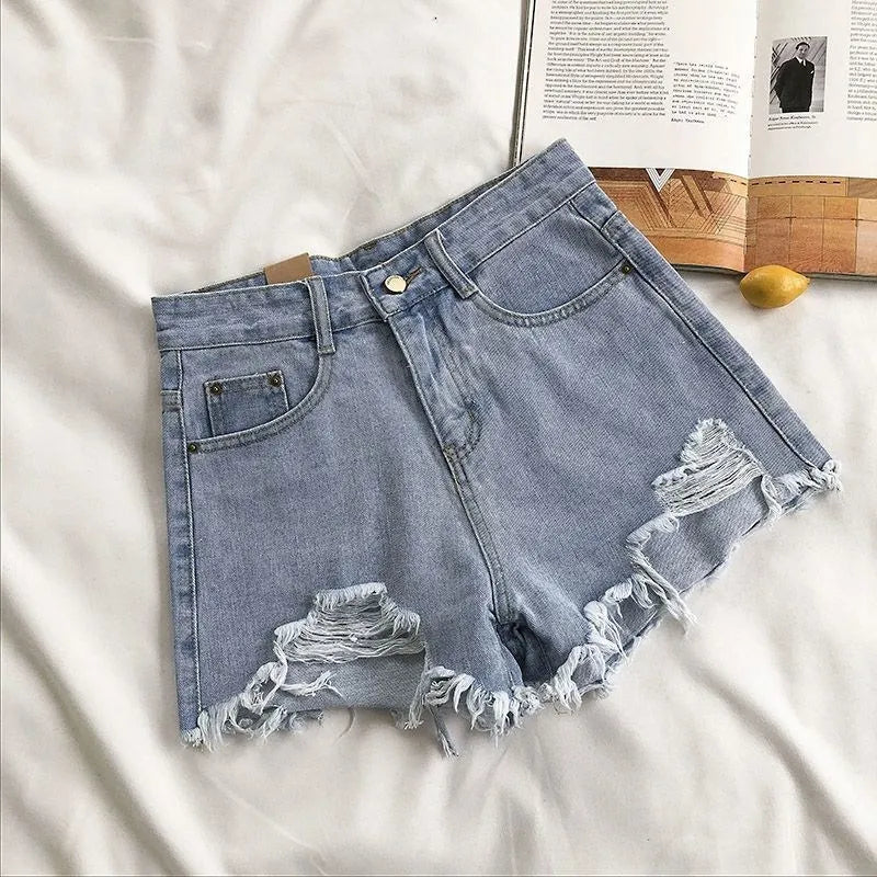 Nora Dame Denim Shorts – Høj Talje Revne Shorts Frynse Y2K Streetwear Stil