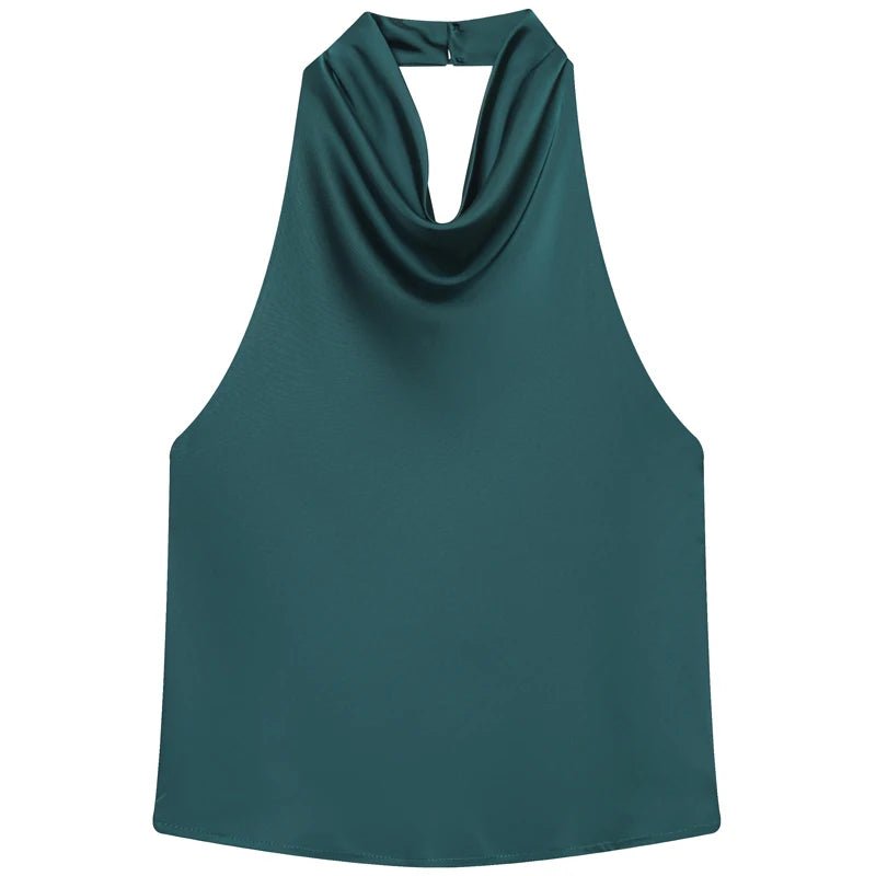 Satin Halterneck Top med Korsetdetalje – Åben Ryg Sommerbluse