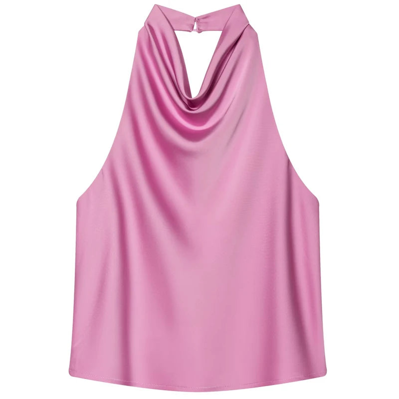 Satin Halterneck Top med Korsetdetalje – Åben Ryg Sommerbluse