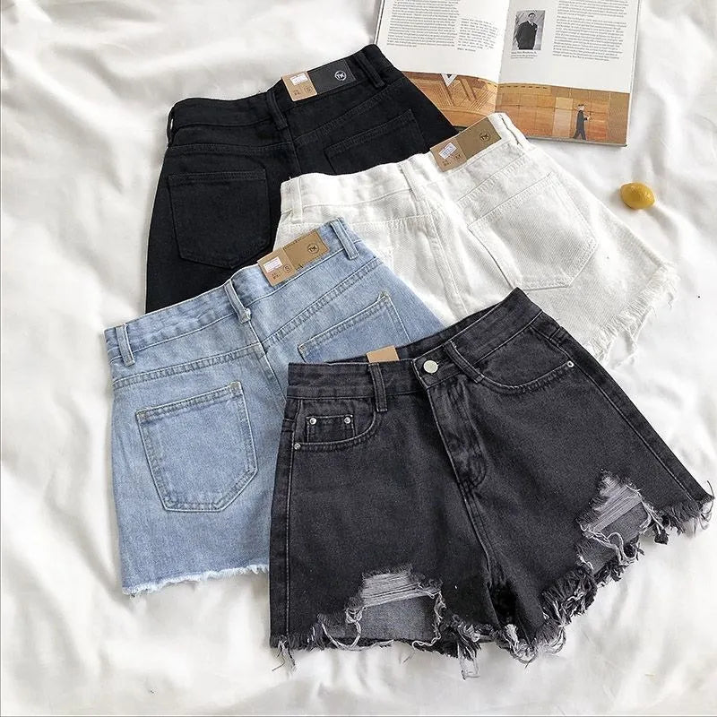 Nora Dame Denim Shorts – Høj Talje Revne Shorts Frynse Y2K Streetwear Stil