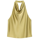 Satin Halterneck Top med Korsetdetalje – Åben Ryg Sommerbluse