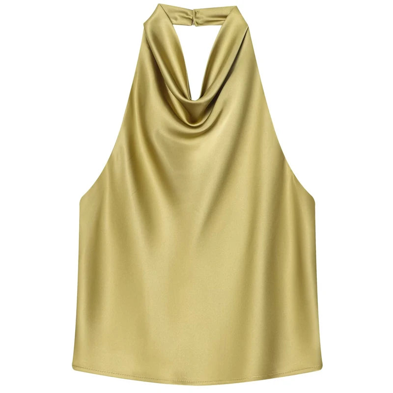 Satin Halterneck Top med Korsetdetalje – Åben Ryg Sommerbluse