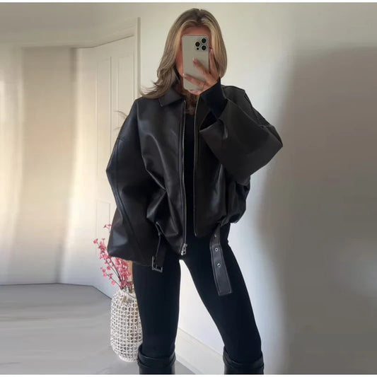 Elara Oversized Imiteret Læderjakke – Vintage Bomber i PU Kunstlæder