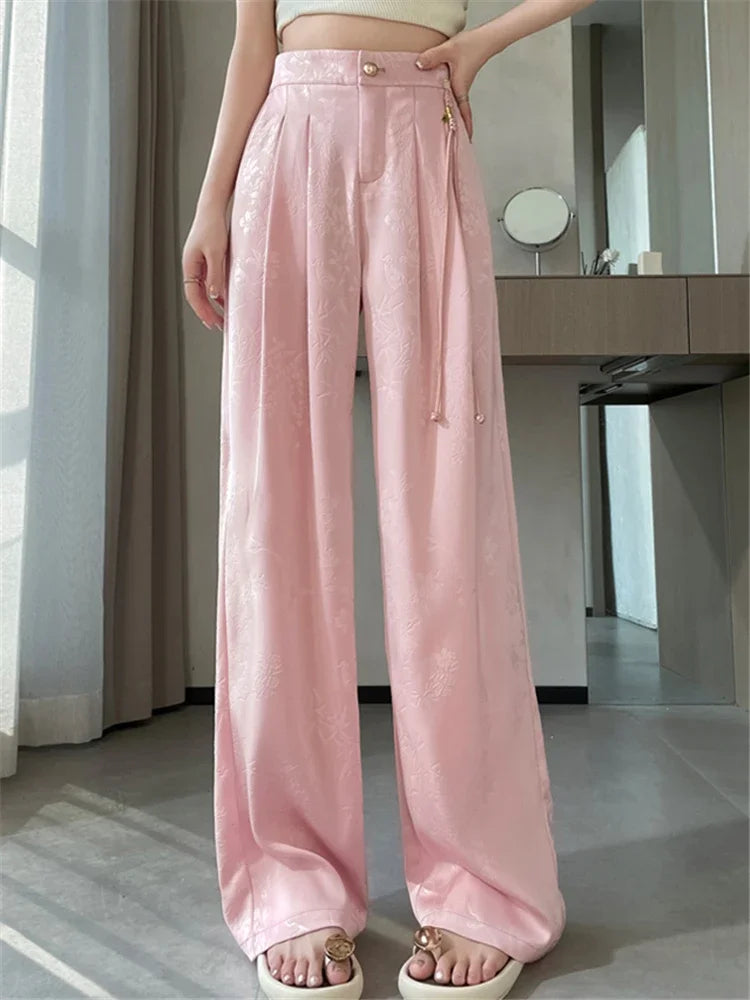 Lin | Kvinders Jacquard Satin Bukser med Brede Ben i Asiatisk Stil