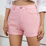 Liva Dame Shorts – Denim Shorts Høj Talje Lynlås Lige Ben Roll-Up Sommerstil