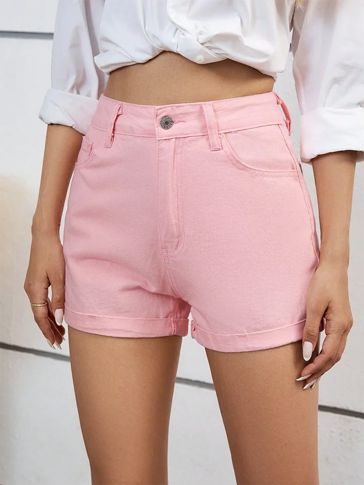 Liva Dame Shorts – Denim Shorts Høj Talje Lynlås Lige Ben Roll-Up Sommerstil