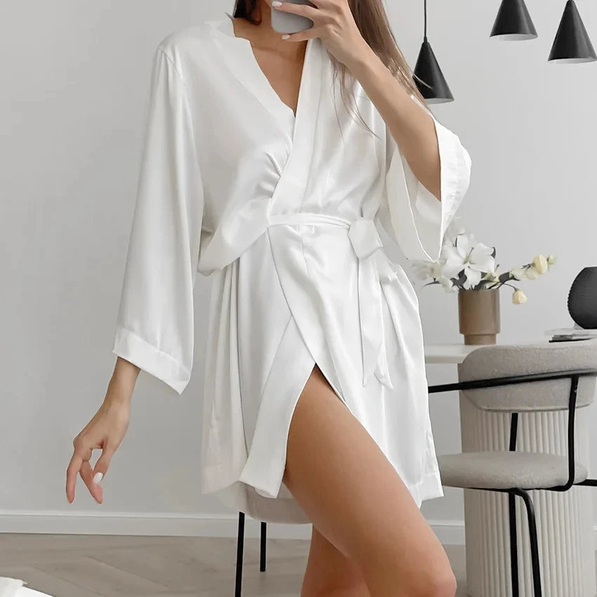 Hvid Kimono Morgenkåbe Dame | Silke Satin Bryllup Badekåbe
