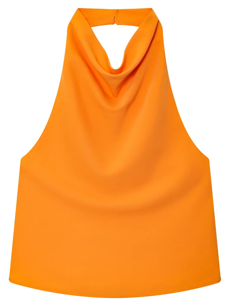 Satin Halterneck Top med Korsetdetalje – Åben Ryg Sommerbluse