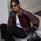 Bordeaux Cropped Biker Jakke med Krave og Lynlås