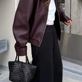 Bordeaux Cropped Biker Jakke med Krave og Lynlås