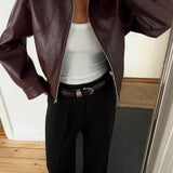 Bordeaux Cropped Biker Jakke med Krave og Lynlås