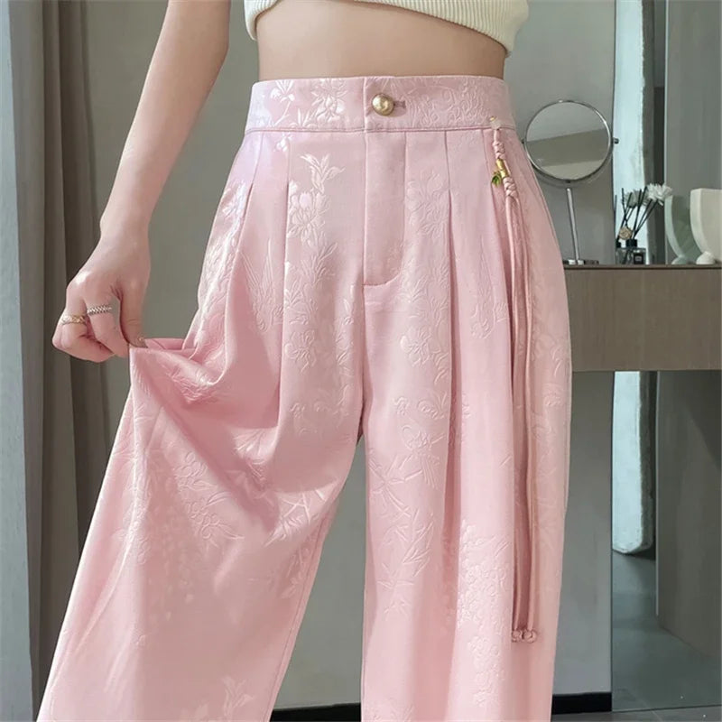 Lin | Kvinders Jacquard Satin Bukser med Brede Ben i Asiatisk Stil