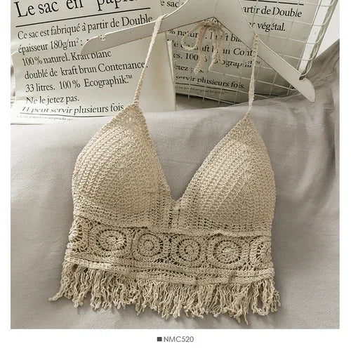 Retro Halterneck Top med Blondedetaljer – Sexet Crop med Indbygget BH