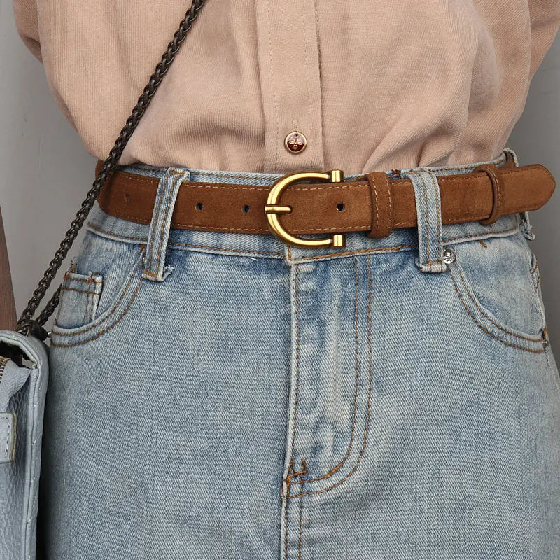 Bælte Ruskind Ægte Læder Tynd Talje Guld Spænde Dame Jeans Bukser Hverdag – Elina