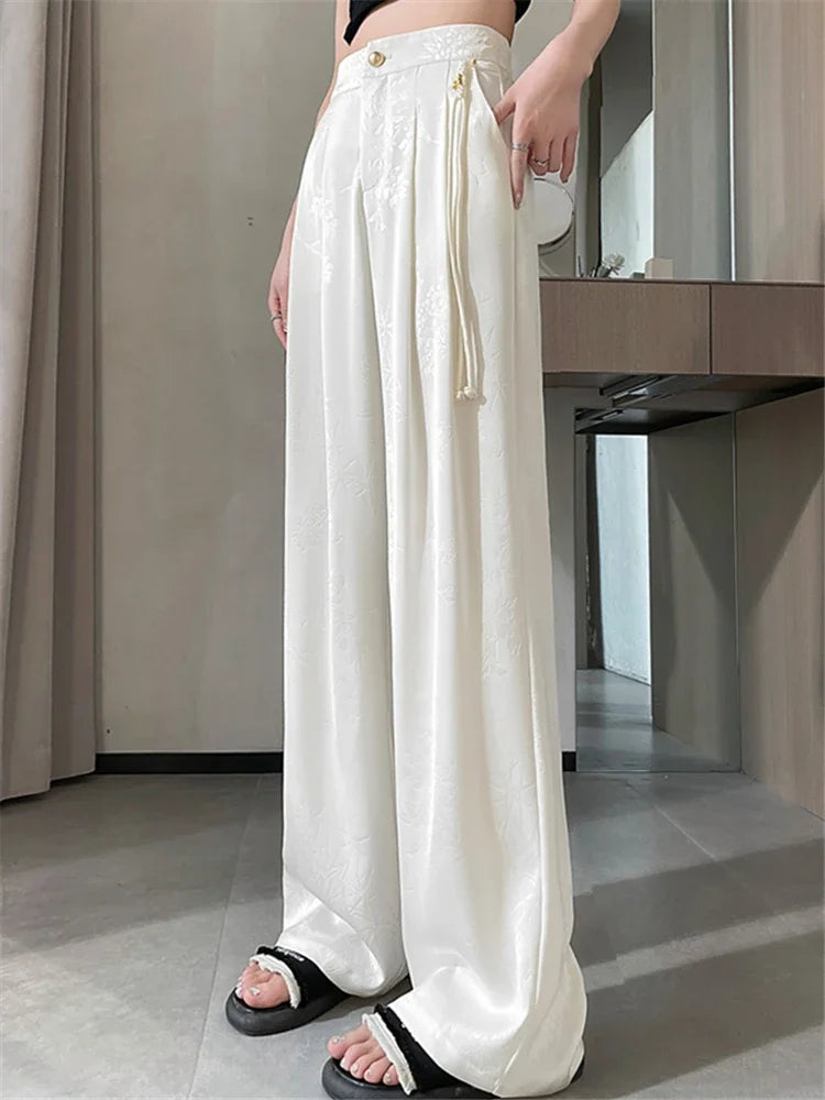 Lin | Kvinders Jacquard Satin Bukser med Brede Ben i Asiatisk Stil