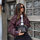 Bordeaux Cropped Biker Jakke med Krave og Lynlås