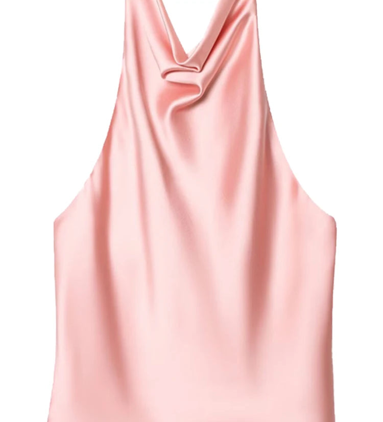Satin Halterneck Top med Korsetdetalje – Åben Ryg Sommerbluse