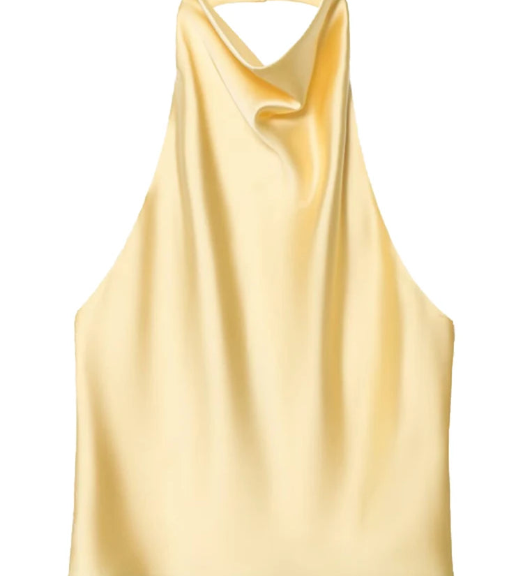 Satin Halterneck Top med Korsetdetalje – Åben Ryg Sommerbluse