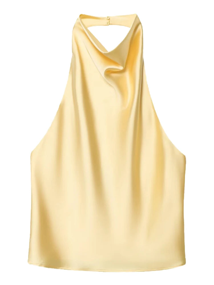 Satin Halterneck Top med Korsetdetalje – Åben Ryg Sommerbluse