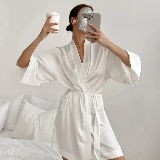 Hvid Kimono Morgenkåbe Dame | Silke Satin Bryllup Badekåbe