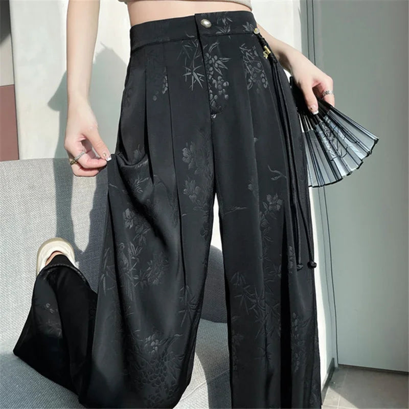 Lin | Kvinders Jacquard Satin Bukser med Brede Ben i Asiatisk Stil