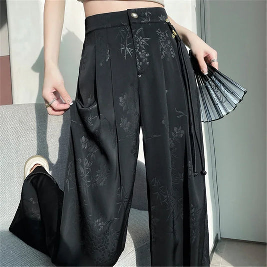 Lin | Kvinders Jacquard Satin Bukser med Brede Ben i Asiatisk Stil